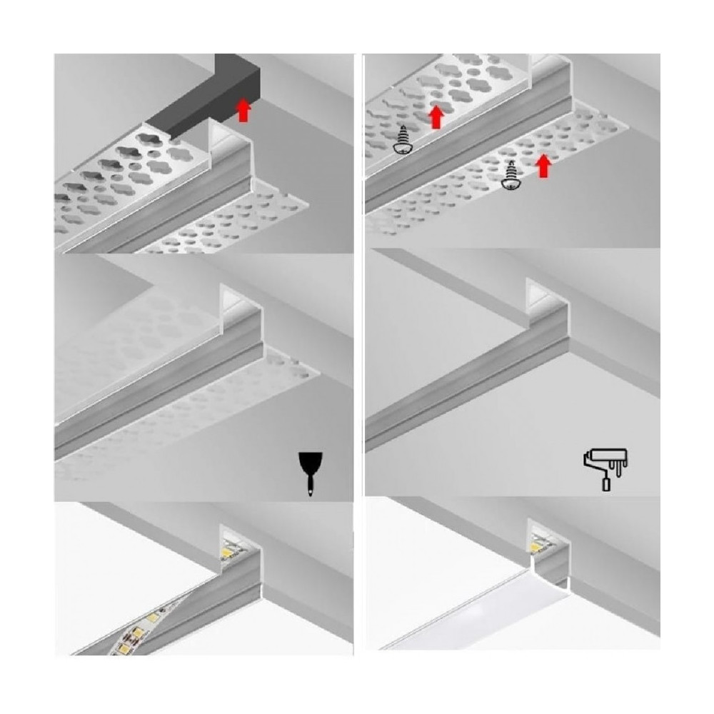 Profilé Aluminium Encastrable dans Plâtre / Placo avec Capot Continue pour  Ruban LED jusqu'à 20mm